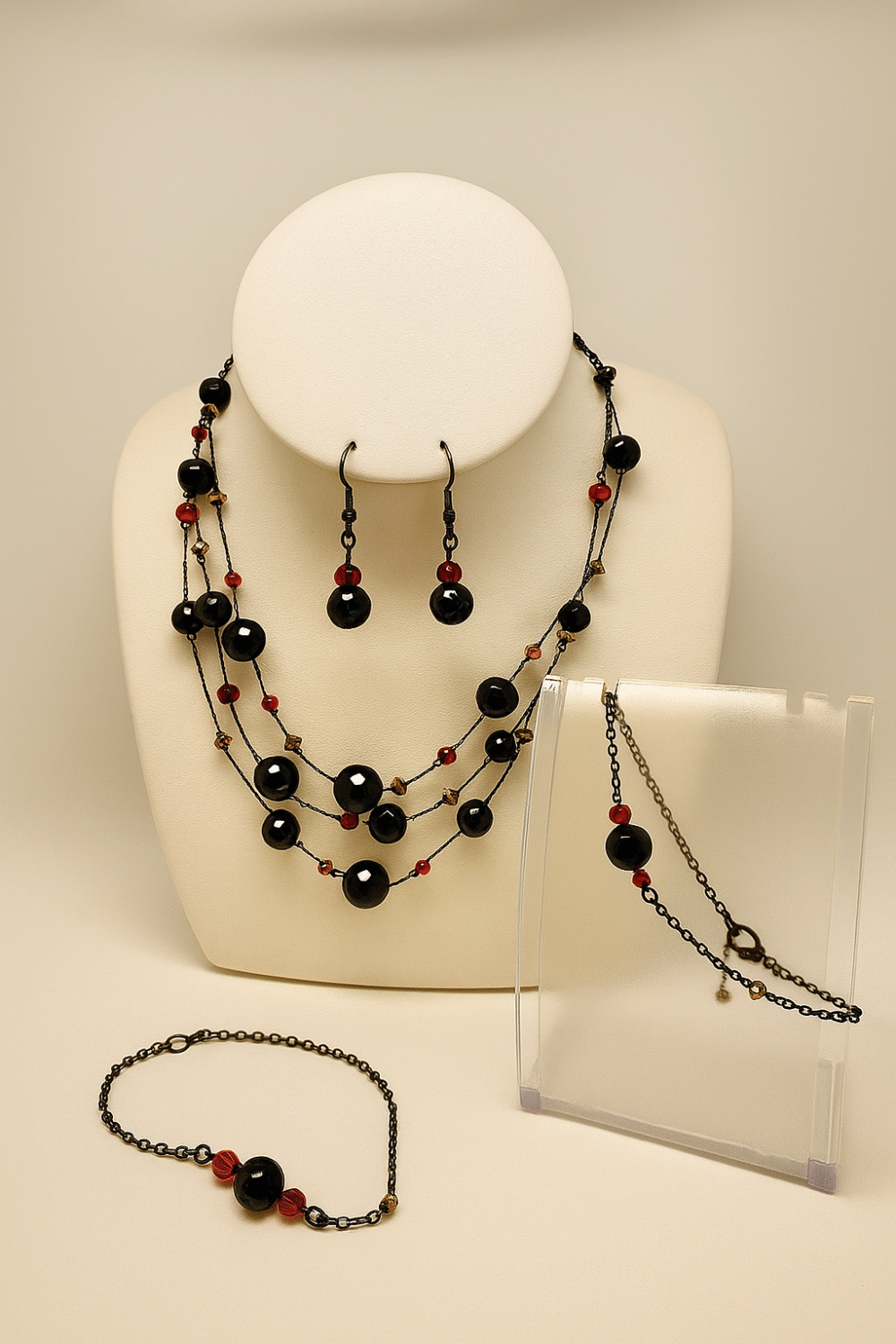 ensemble en pierres naturelles Onyx comprend collier, bracelet et boucles d’oreilles,