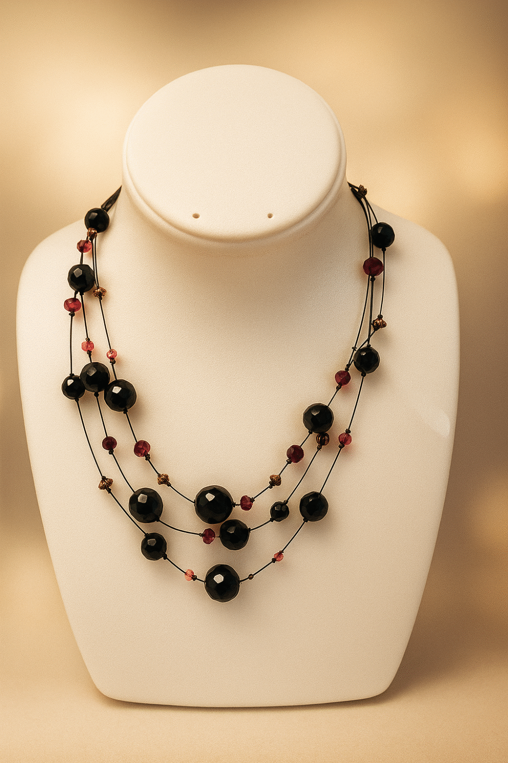collier en pierres onyx à facettes et perles rouges sur plusieurs rangées