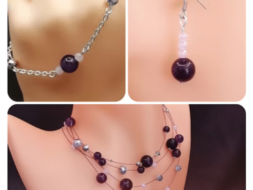 ensemble collier bracelet et boucles d'oreilles -en-pierres-amethyste.
