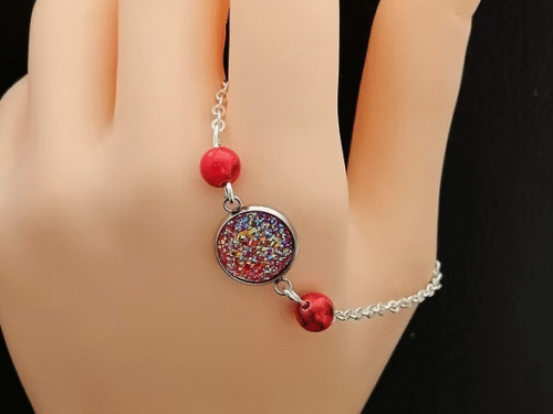 Bracelet argenté en acier inoxydable avec pierres Howlite Rouge