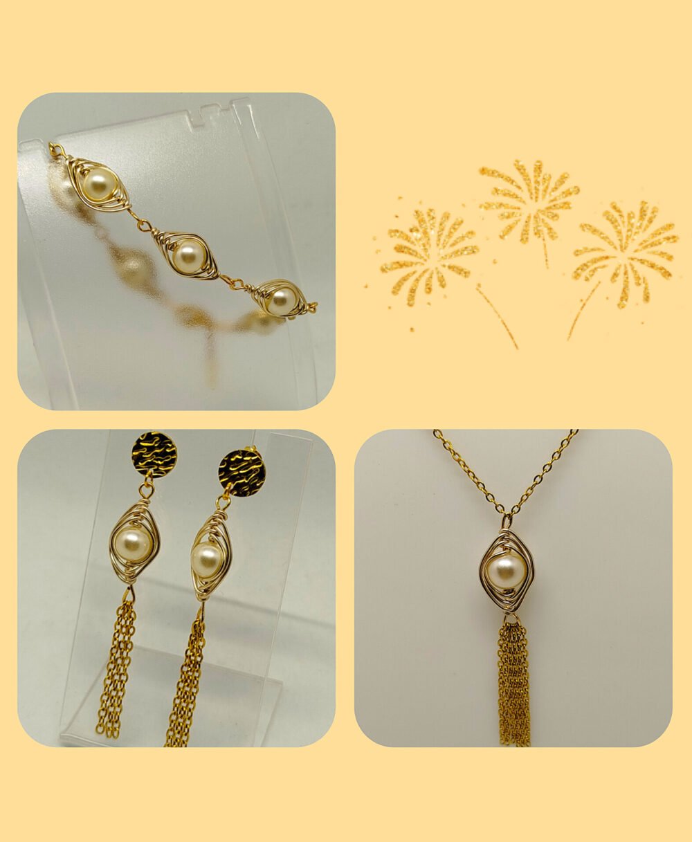 ensemble unique composé d’un collier, d’un bracelet et de boucles d’oreilles assortis.