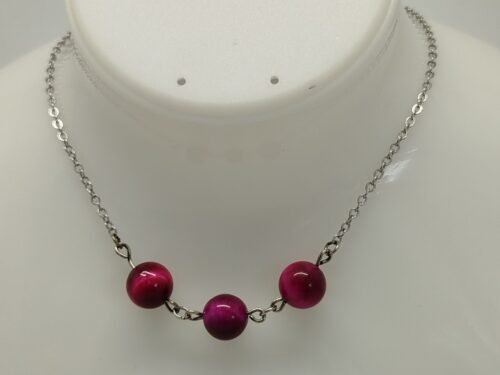 collier en acier à maillons et 3 pierres naturelles agate magenta