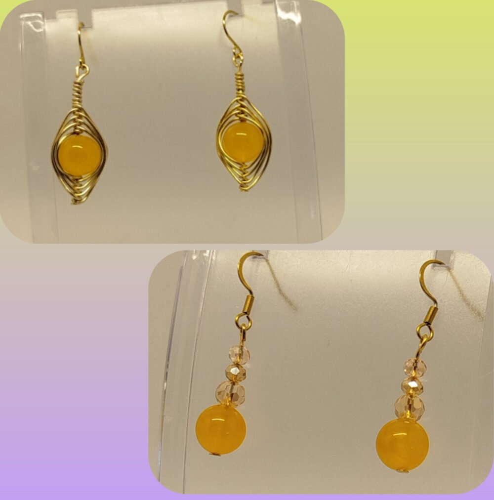 boucles d'oreilles bijoux fait main avec pierres calcédoine jaune crochets hypoallergéniques couleur doré