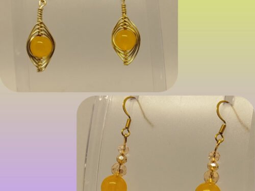boucles d'oreilles bijoux fait main avec pierres calcédoine jaune crochets hypoallergéniques couleur doré