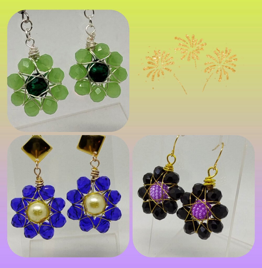 boucles d'oreilles créées avec des perles en verre à facettes en forme de fleur entourées de fil aluminium