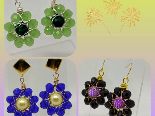 boucles d'oreilles créées avec des perles en verre à facettes en forme de fleur entourées de fil aluminium