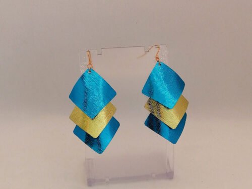 boucles d'oreilles en fil aluminium plat strié vert pomme et bleu turquoise bijou fait main