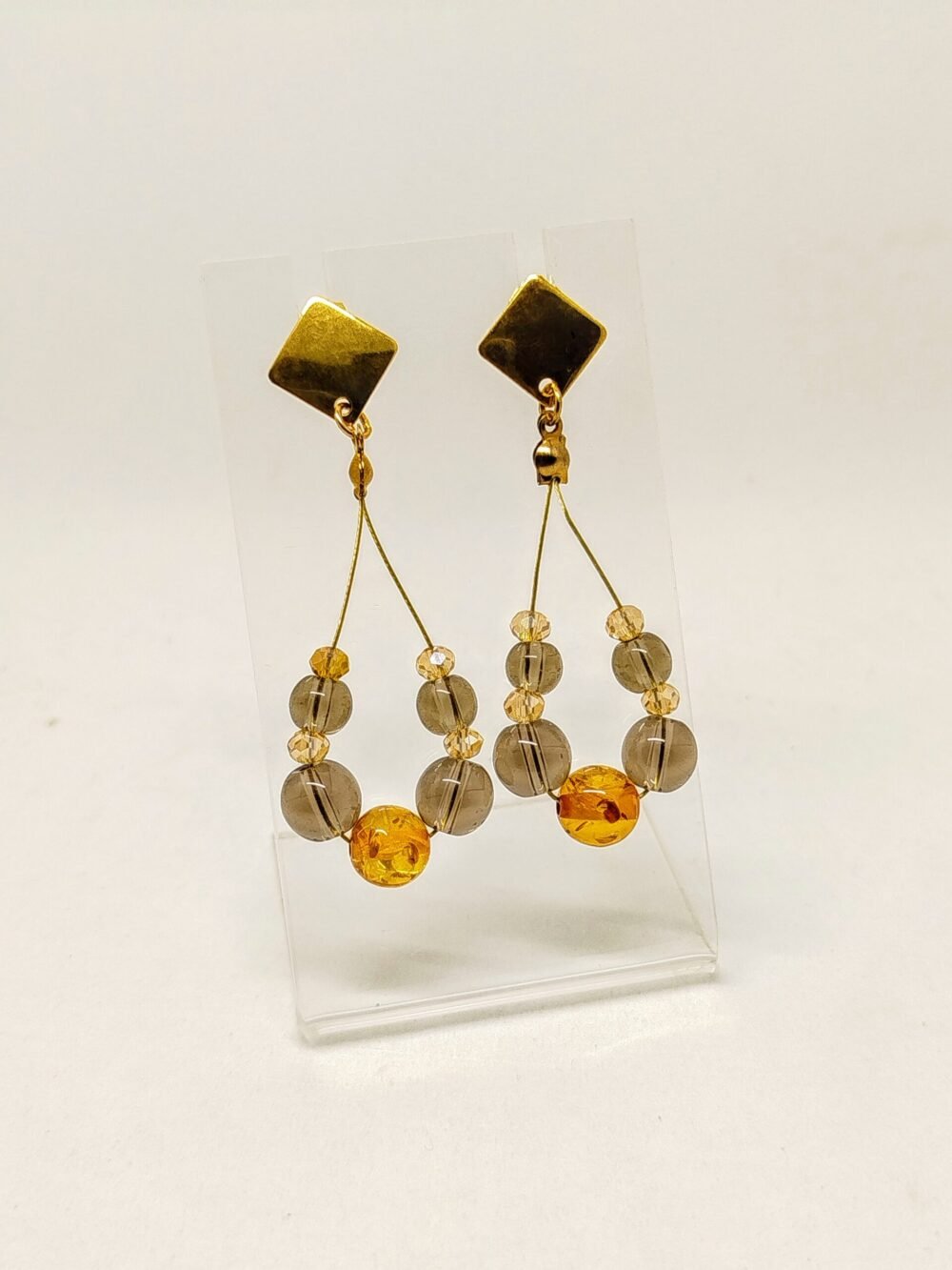 Sublimes boucles d'oreilles en quartz noir et ambre sur câble à bijoux doré pierres naturelles quartz noir et ambre