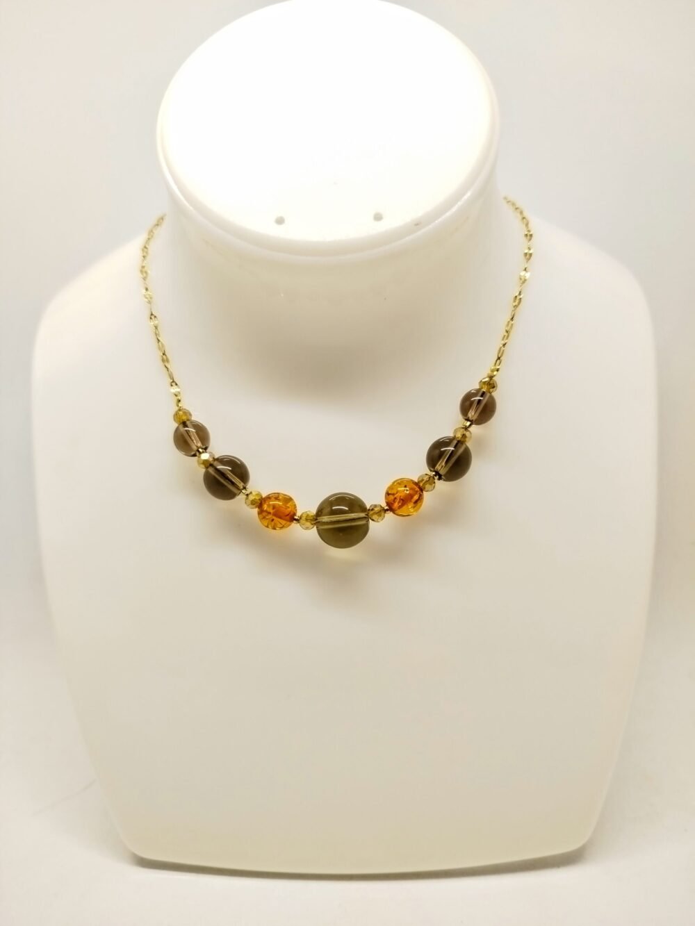 Sublime parure en quartz noir et ambre collier à maillons doré pierres naturelles quartz noir et ambre