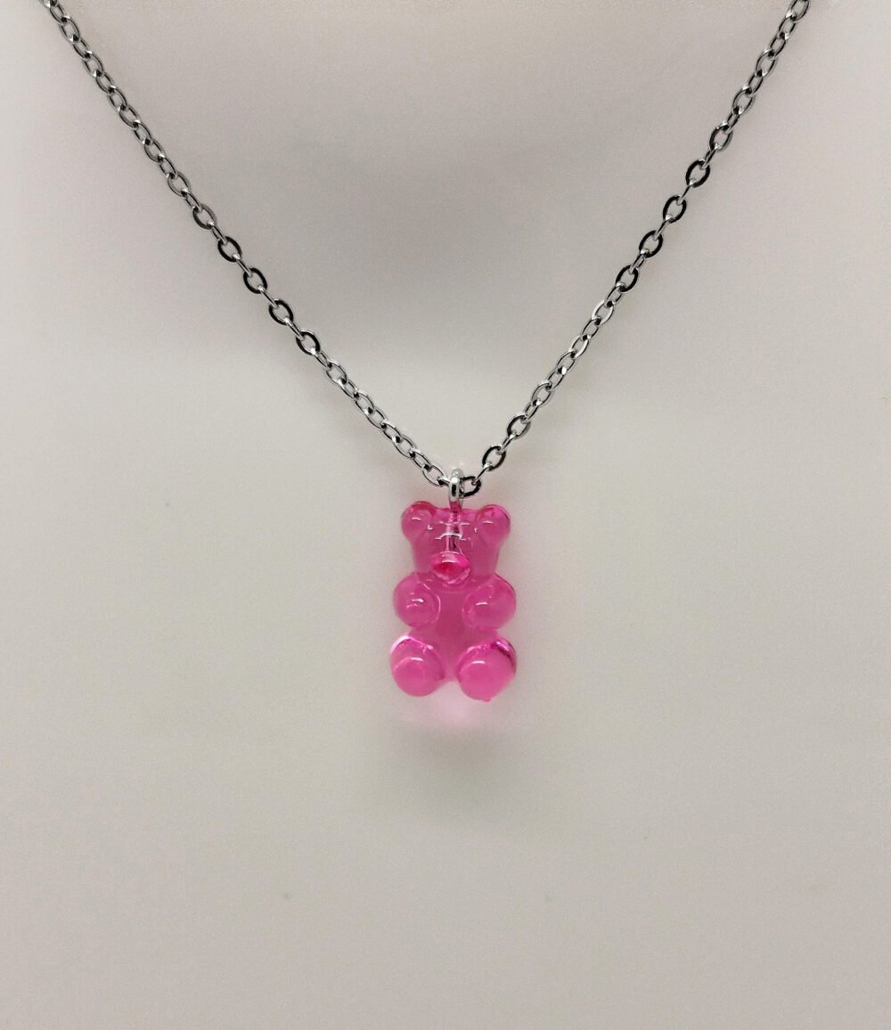 collier pour enfants avec breloque ourson en rose résine chaîne en acier argenté bijou fait main
