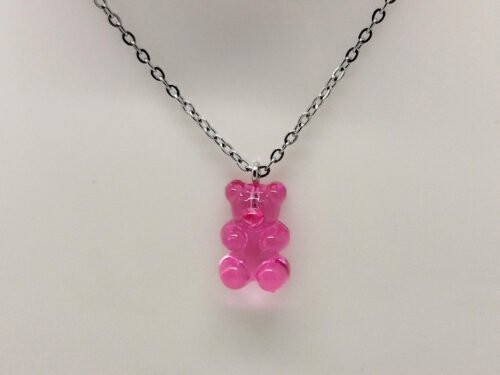 breloque ourson en rose résine chaîne en acier argenté bijou fait main collier pour enfants avec breloque ourson en rose résine chaîne en acier argenté bijou fait main