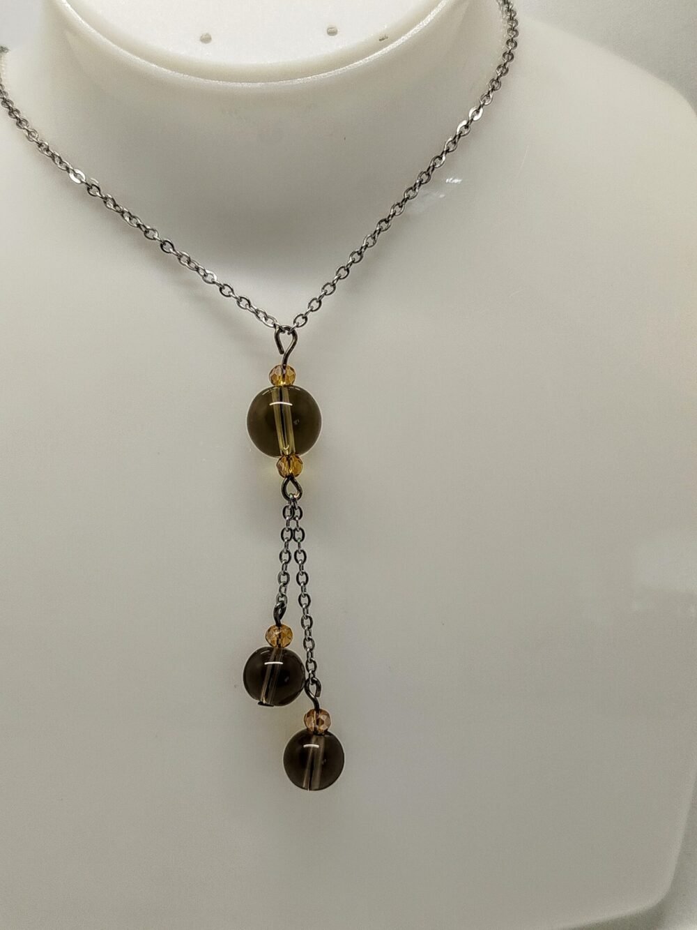 collier en pierres quartz noir fumé chaîne en acier argenté