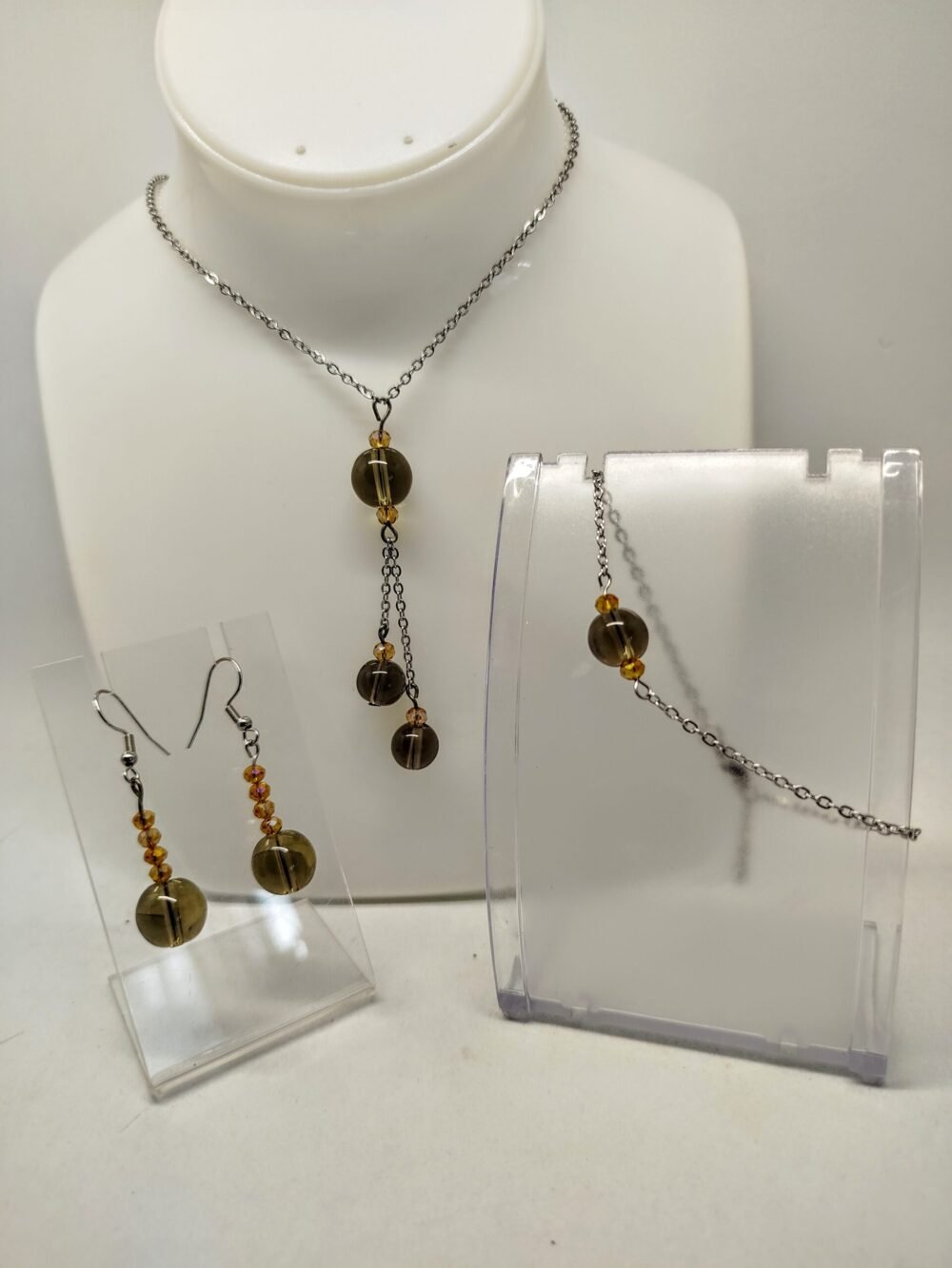 ensemble collier bracelet et boucles d'oreilles en pierres naturelles quartz noir fumé chaîne en acier