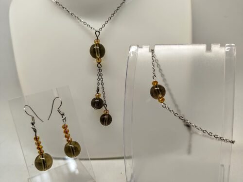 ensemble collier bracelet et boucles d'oreilles en pierres naturelles quartz noir fumé chaîne en acier