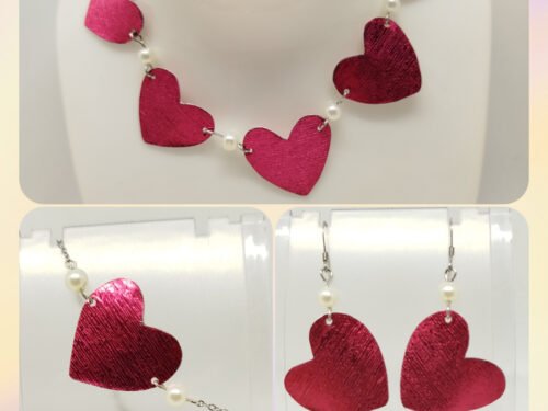 Ensemble Cœurs Rouge collier bracelet et boucles d'oreilles