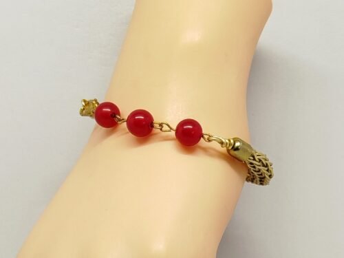 bracelet tressage viking en fil aluminium doré et 3 pierres cornaline