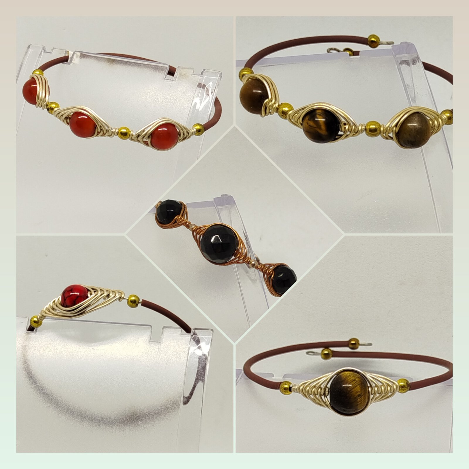 plusieurs bracelets sur cercle en acier et pierre entouré de fil aluminium