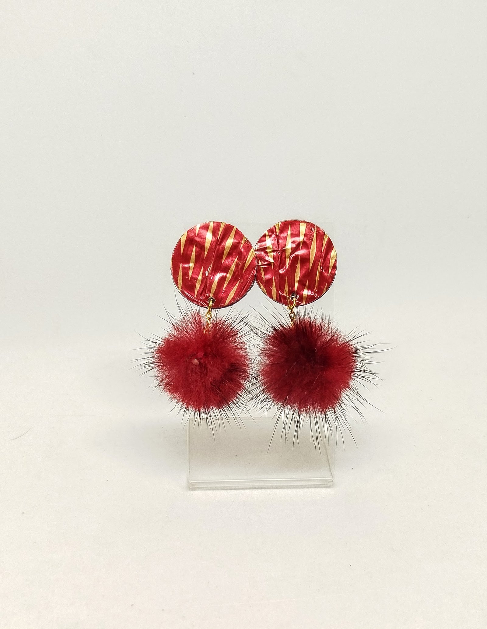 boucles d'oreilles en capsules nespresso rouge/dore et pompon rouge